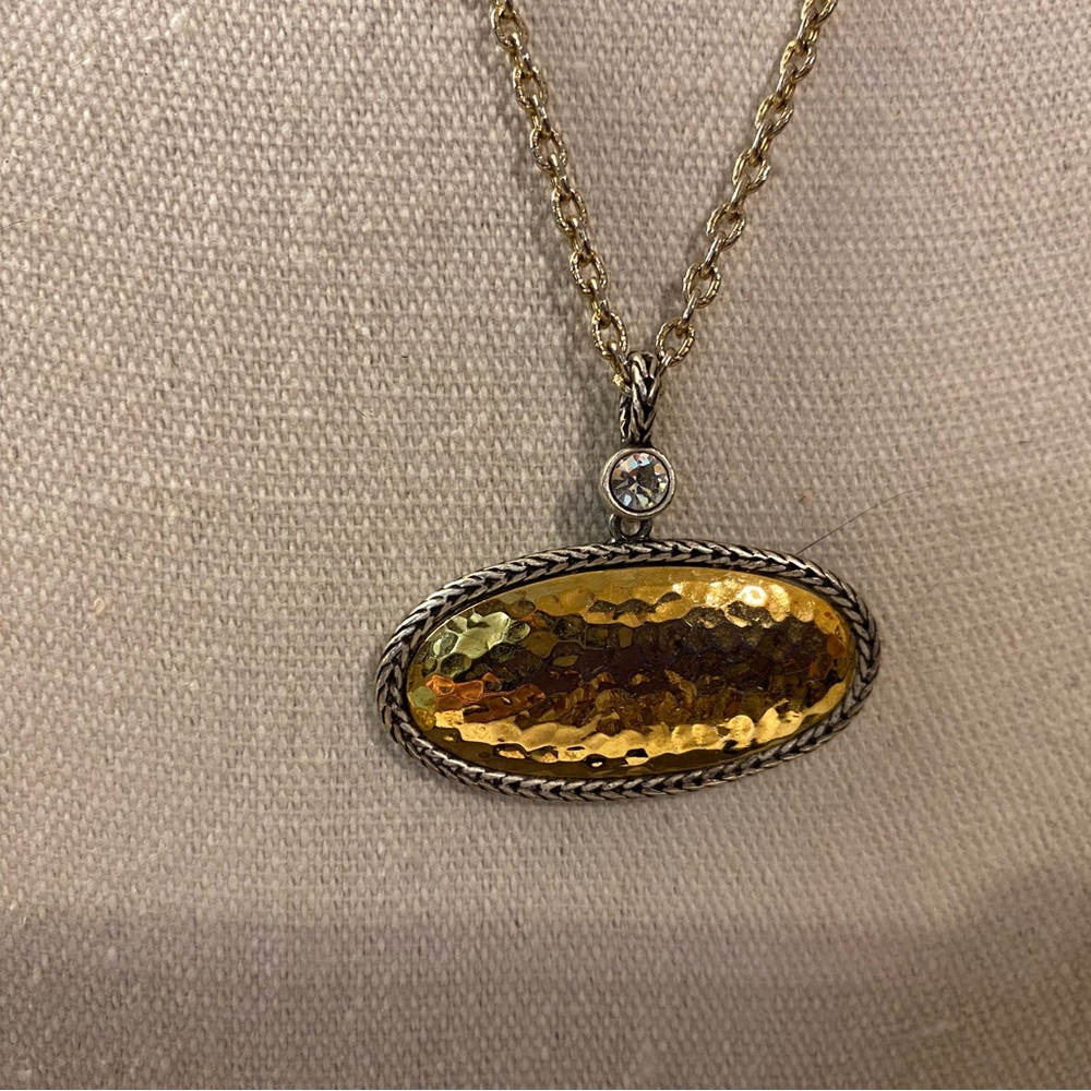 Gold Tone Oval Pendant Necklace with Textured Center - Picture 2 of 8